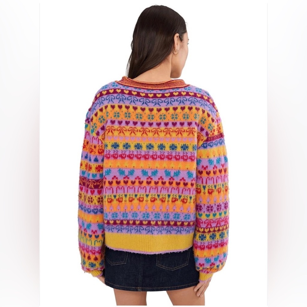 Free People Favorite Things Wool Sweater Bright Confetti Jacquard Knit Size L - Picture 3 of 16